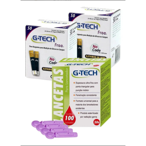 KIT 100 TIRAS DE MEDIR GLICOSE G TECH FREE + 100 LANCETAS G TECH