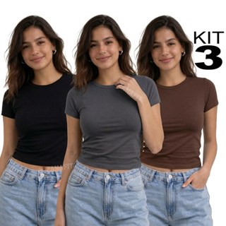 Kit 3 Blusa Baby Look Feminina Camisa Baby Tee Slim Fit Manga Curta Compressão em Oferta na Shopee