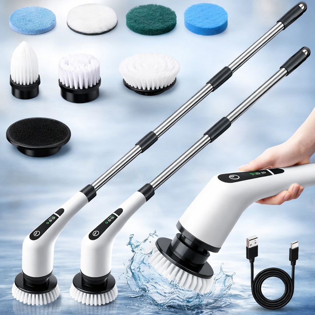 Escova De Limpeza 9 Em1 Recarregavél Elétrica Giratória Com Cabo Alongador Banheiro Cozinha