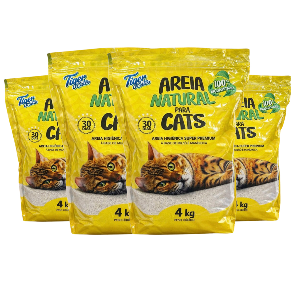 KIT COM 4 AREIA HIGIENICA NATURAL BIODEGRADAVEL MILHO E MANDIOCA PARA GATOS TIGER  CATS 4KG