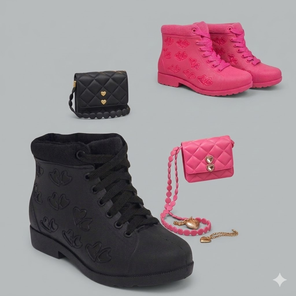 Conjunto Infantil Bota + Bolsinha Coração Feminino | Material Confortável E Impermeável