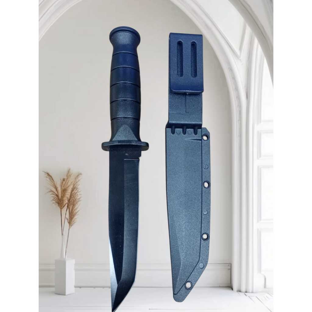 FACA ESPORTIVA COM BAINHA DE PVC RÍGIDO PRETO MULTIUSO PARA COZINHA, CHURRASCO, CAMPING, CHURRASCO.