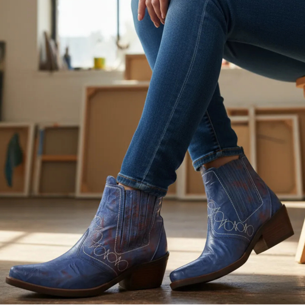 Bota Country Feminina Cor Azul Botina Mulher Moça Menina Botinha Couro Legitimo Solado Costurado Salto Carrapeta 3736