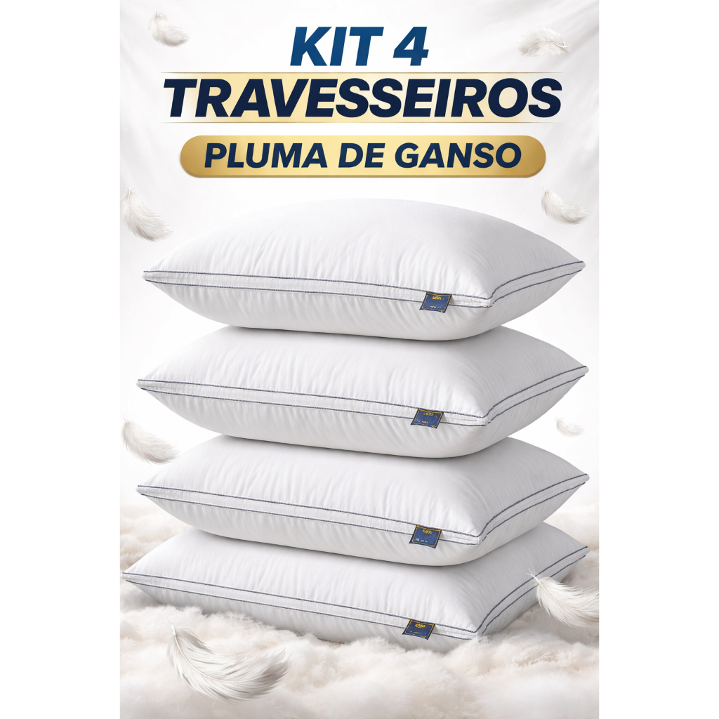 Kit 4 Travesseiros Pluma de Ganso Luxo Hotel 5 Estrelas Ultra Macio Conforto Premium Dormir Melhor