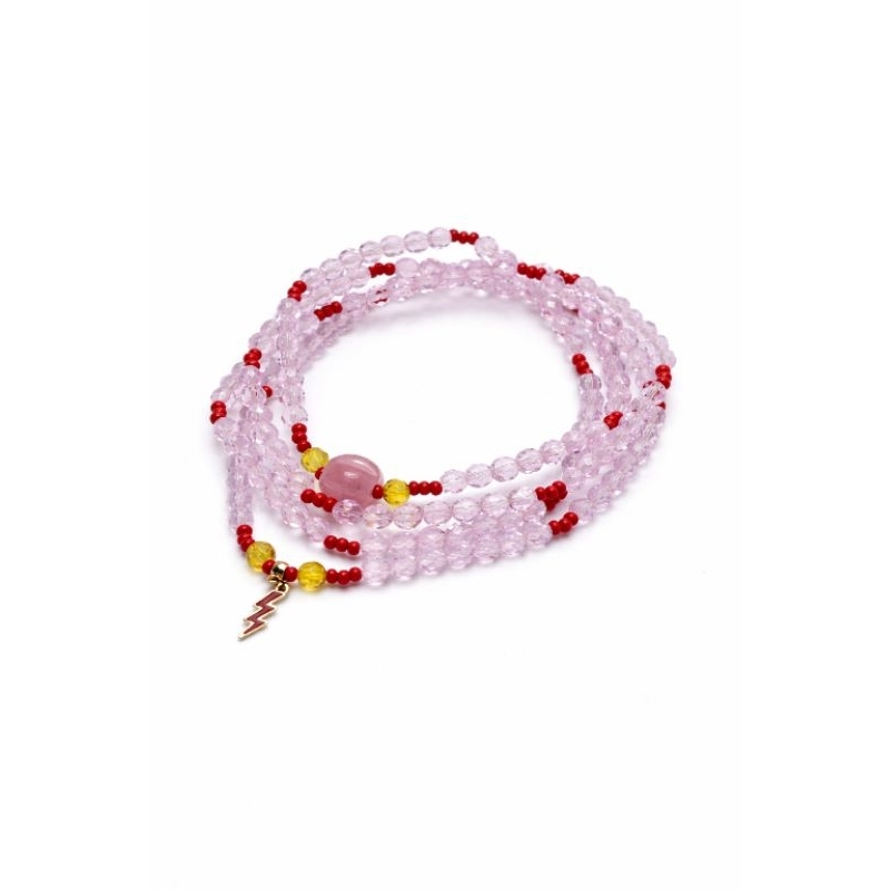 Guia em Cristal Rosa 8mm Jablonex com detalhes em miçangas vermelha, firma pitanga, ping. raio umbanda/candomblé colares