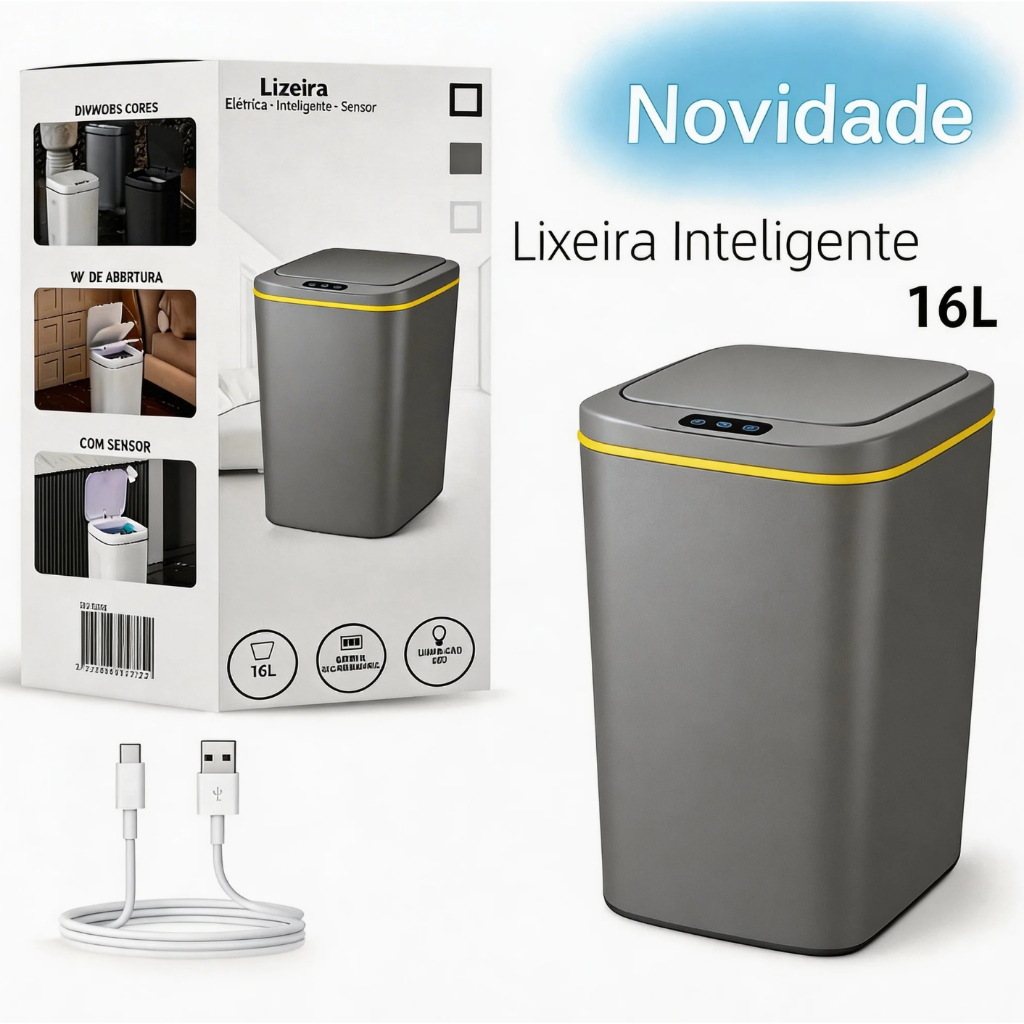 Lixeira Inteligente Automática16L Sensor Movimento Recarregável Antiodor Banheiro Cozinha Escritório