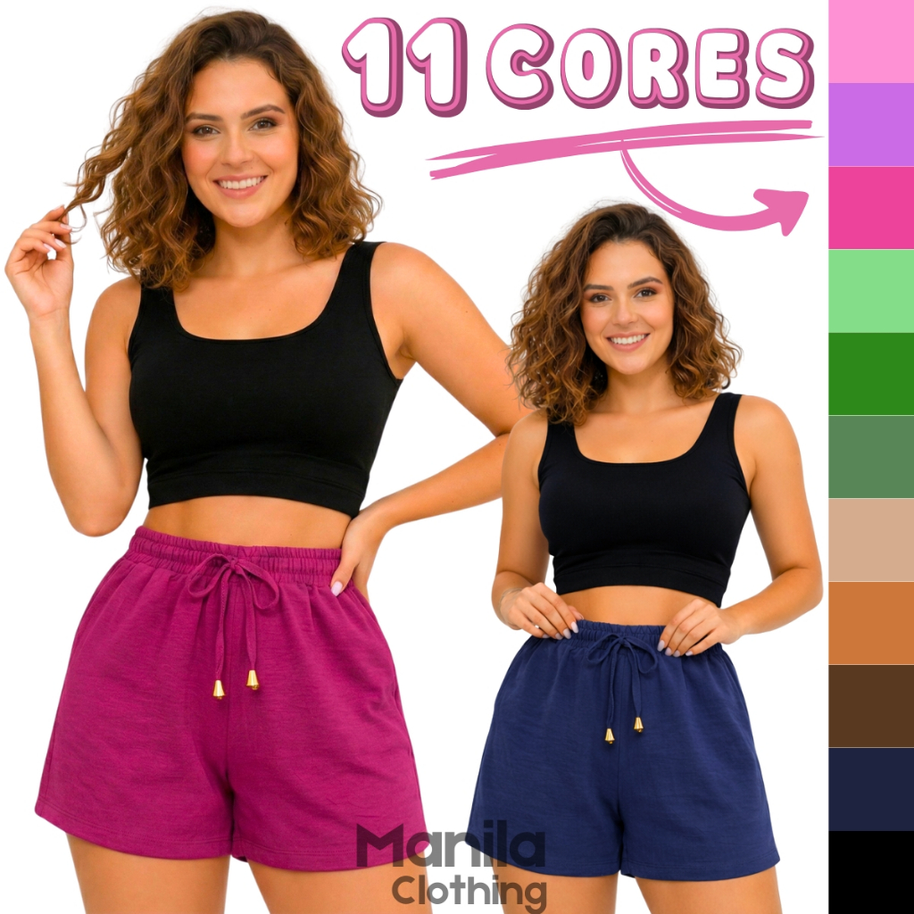 Kit 2 Short Duna com Bolso Feminino Básico Casual Soltinho Leve Confortável Elástico Atlético