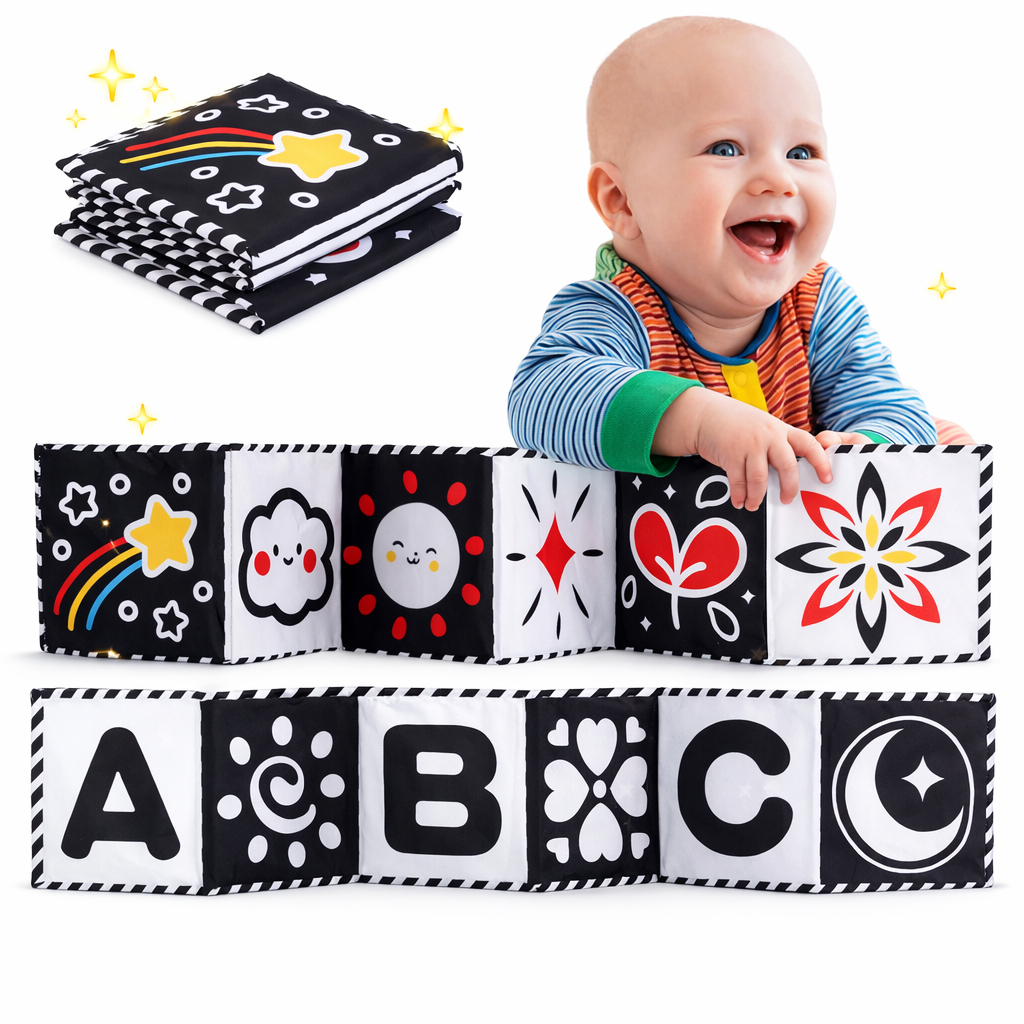 Livro de Pano Preto e Branco para Bebês Alto Contraste Sensorial Brinquedo Macio em Oferta na Shopee