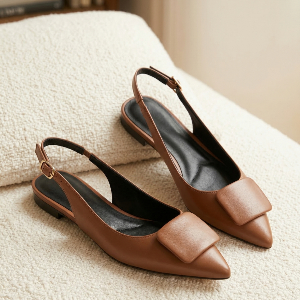 Sapatilha Slingback Feminina Bico Fino com Fivela Encapada Caramelo Flat Confortável Elegante