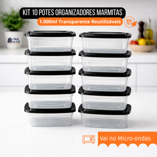 Kit 10 Potes Marmitas 1L 1kg Tampa Color -> BPA FREE Vasilhas Freezer Microondas banho maria lavavel em Oferta na Shopee