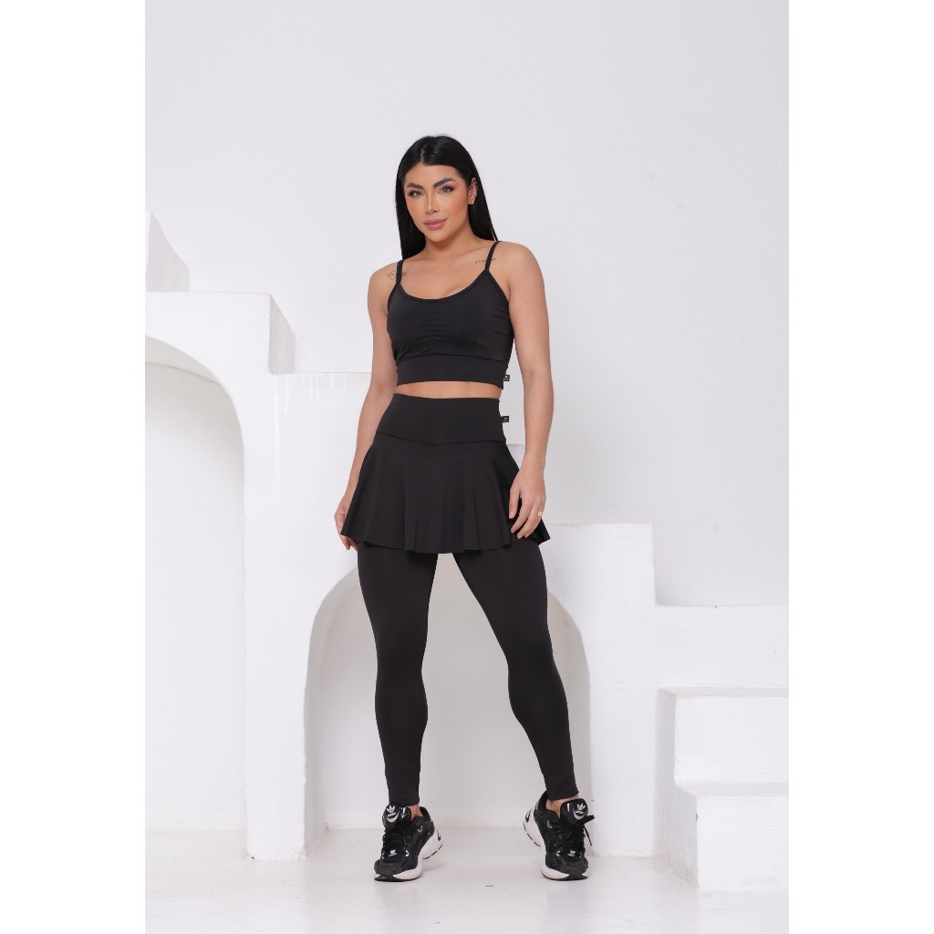 Conjunto Legging Saia Academia e Top Fitness Nadador Com Bojo Suplex Treino Feminino Luxo