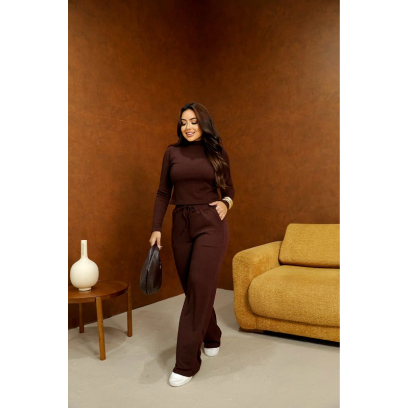 Conjunto Anarruga Feminino Canelado Manga Longa Gola Alta Calça Ajustada Inverno Elegante