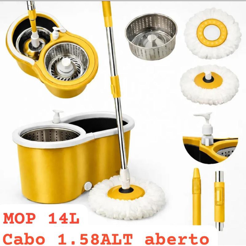 Mop Giratório Extra Grande 14 Litros cesto inox, completo, cabo 1.58 maior da categoria