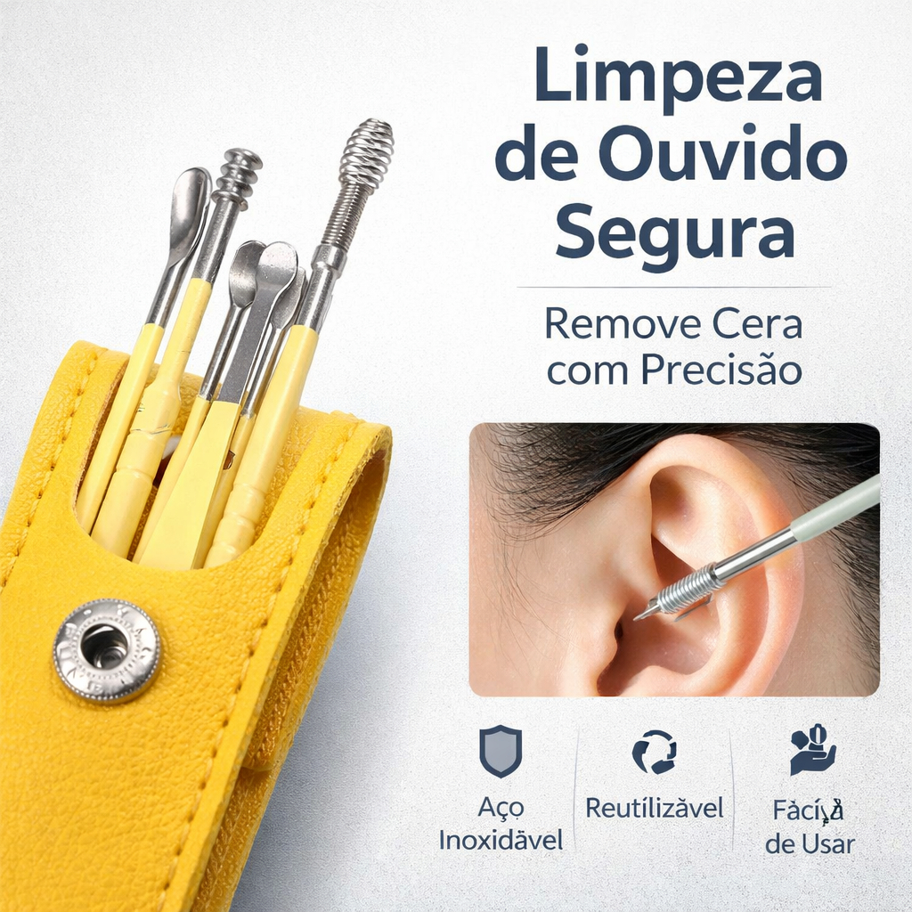 Kit Limpeza de Ouvido Profissional 6 Peças Inox – Remove Cera com Segurança Reutilizável Kit Limpeza de Ouvido Profissional 6 Peças Inox – Remove Cera com Segurança Reutilizável