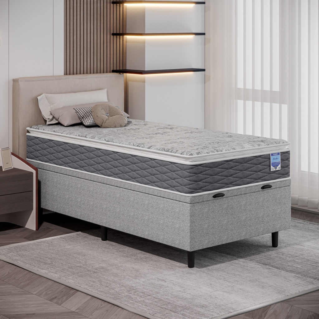 Cama Box Baú Solteiro Molas Ensacadas e Espuma D26 com Pillow Top 88x188x67 Cinza Umaflex