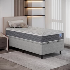Cama Box com Colchão Solteiro Cinza Umaflex Baú Organizador 88x188 Baú para Quarto