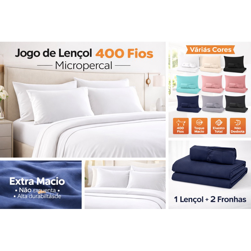Jogo de Lençol  400 Fios Micropercal Casal Queen King Solteiro Berço