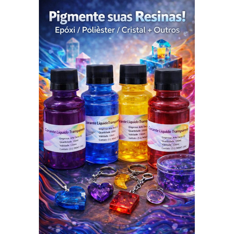 Kit 4 Corante Líquido Translúcido para Resina Epóxi – Pigmento Concentrado Artesanato