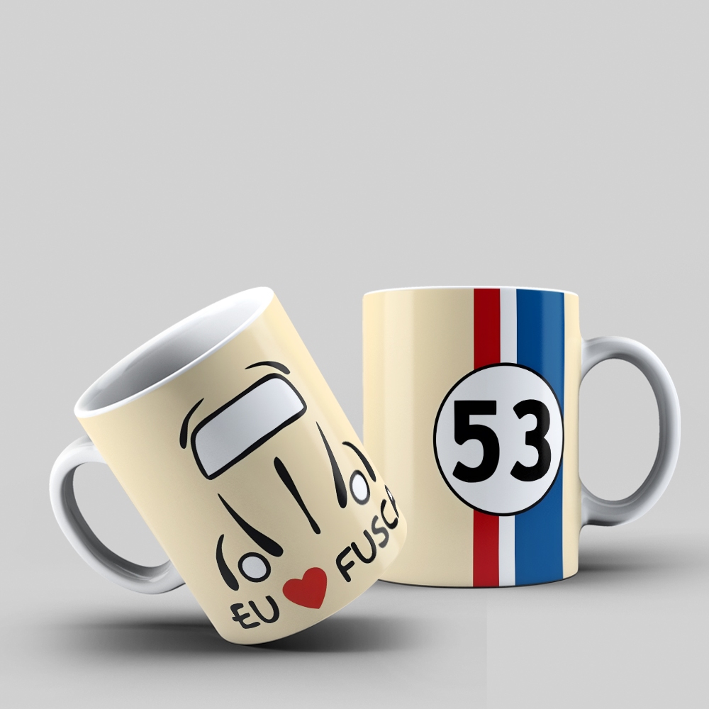 Caneca Fusca Herbie 53 – Eu ❤️ Fusca Minimalista – Presente Clássico 325ml