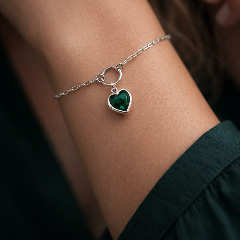 Pulseira Coração Verde Esmeralda em Prata 925 Pulseira Feminina Delicada Elegant