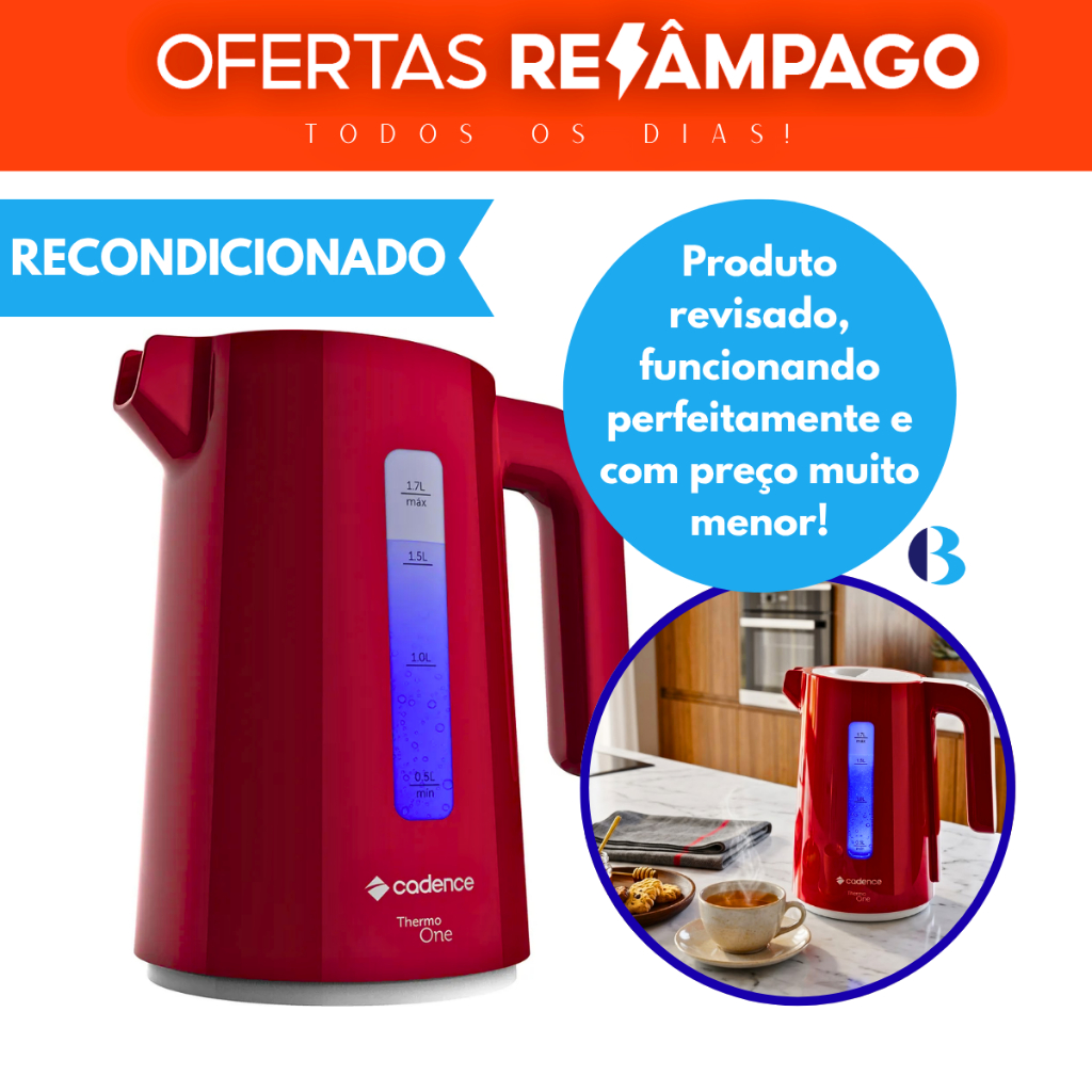 Chaleira Elétrica Vermelha Colors 1,7L RECONDICIONADA - Ideal Para Preparar Chá, Café e Chimarrão!