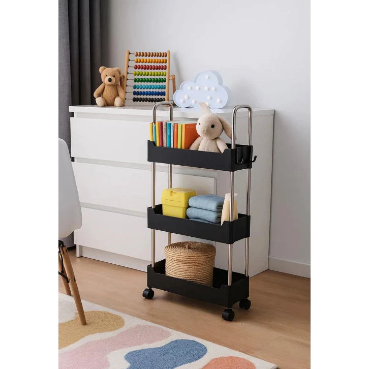 Carrinho Organizador 3 Andares com Rodinha Slim Preto Multiuso Cozinha Banheiro Lavanderia