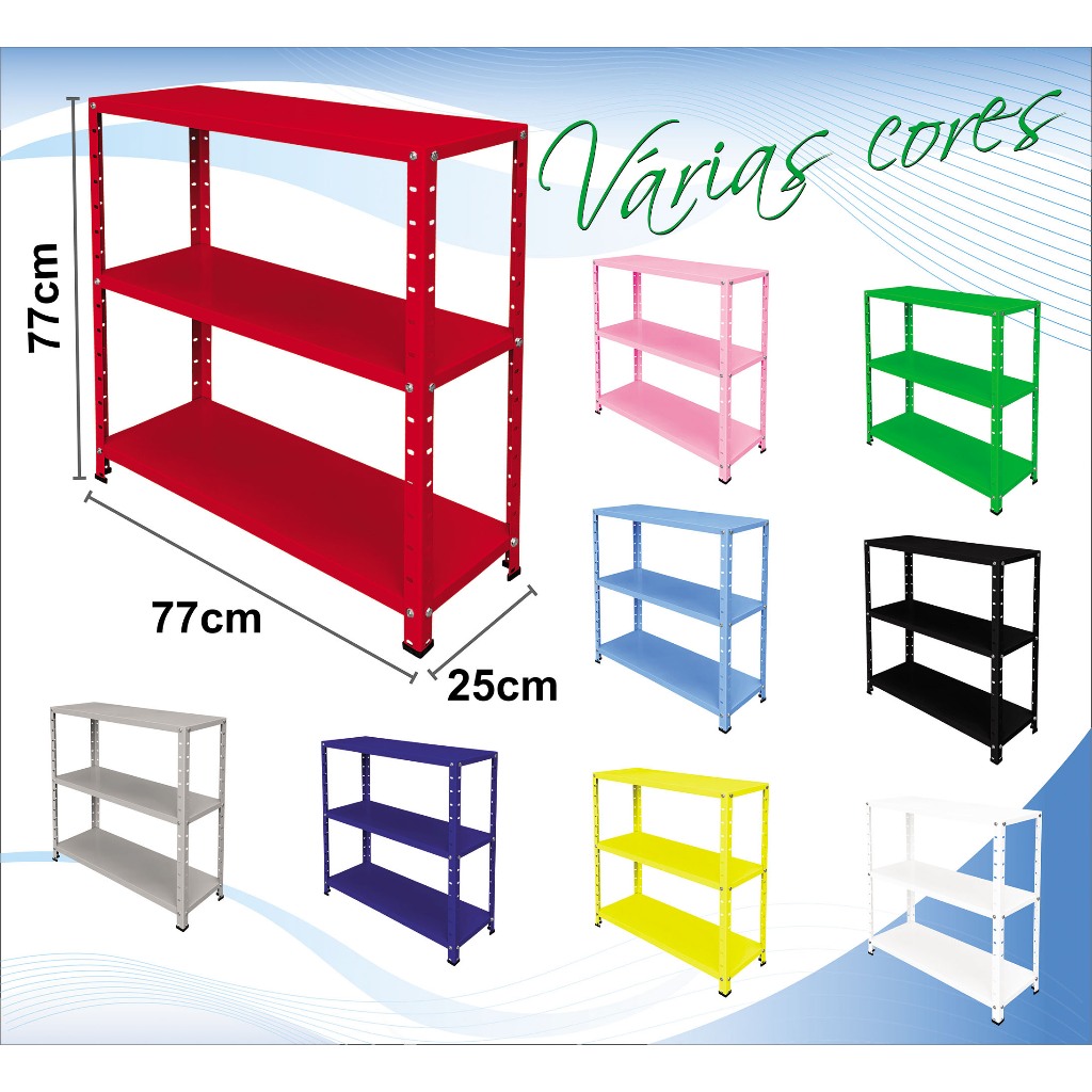 Estante com 3 prateleiras reguláveis de aço 25x77cm multiuso várias cores