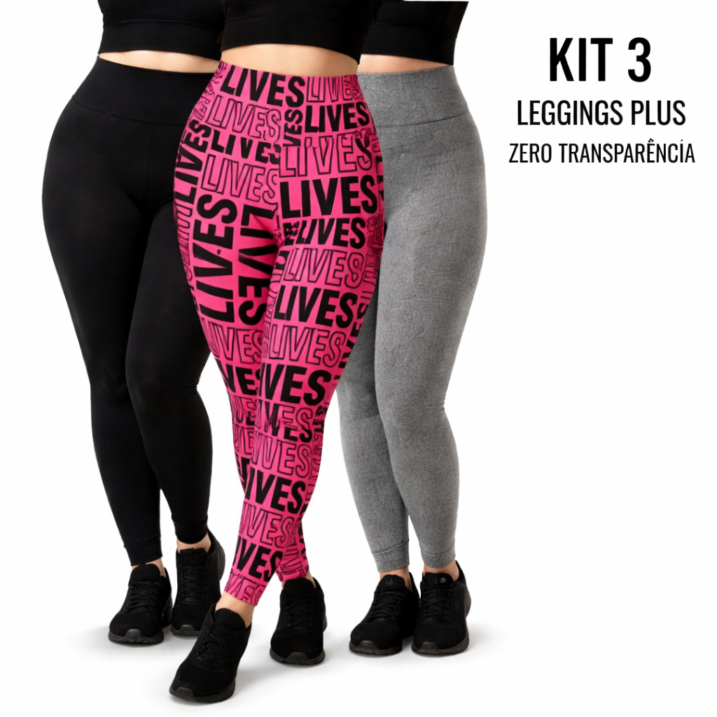 Kit 3 Leggings Plus Size Suplex Feminina Cintura Alta Não Transparente Academia Fitness Treino G1 G2 G3