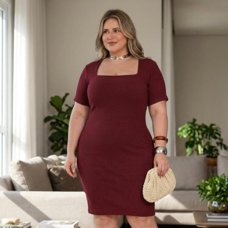 Vestido Feminino Plus Size Manga Curta Decote Quadrado Canelado Premium G1 G2 G3