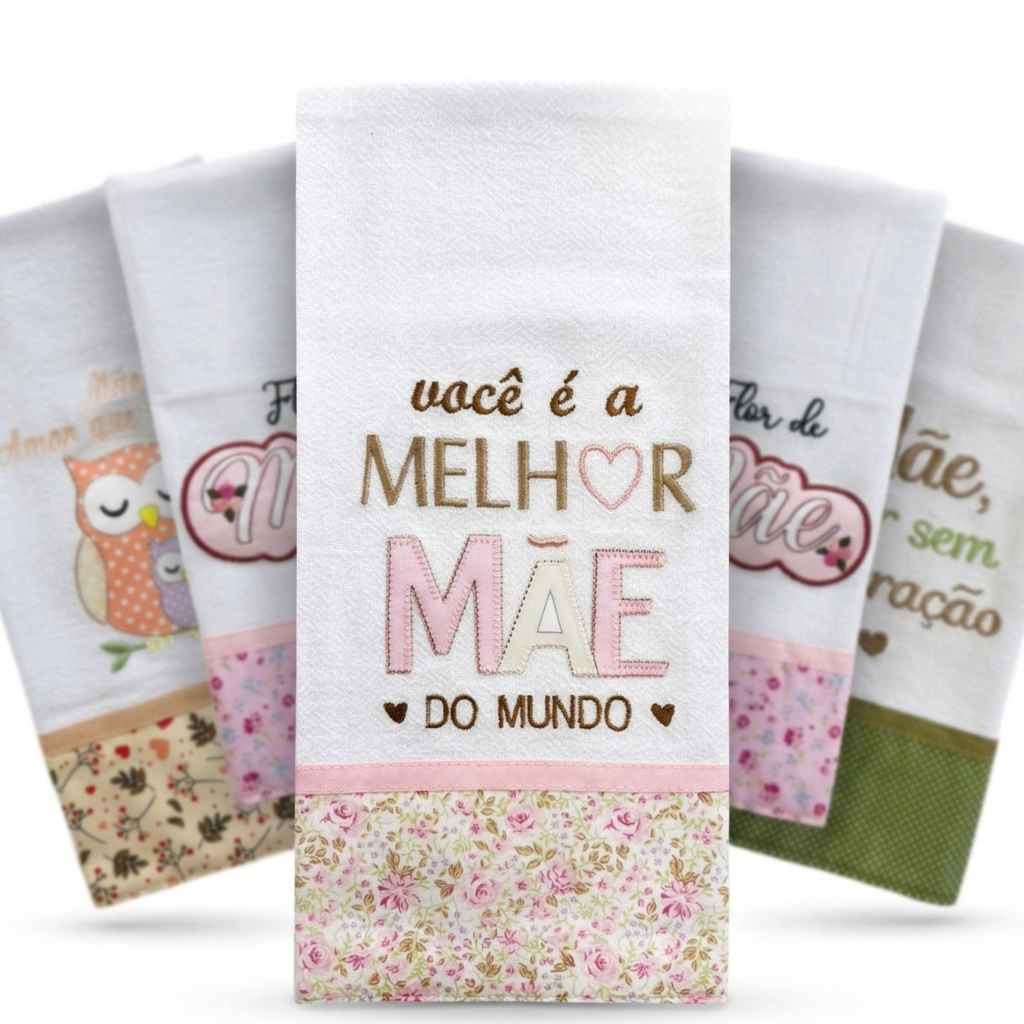 Pano de Prato Bordado Mães Patchwork Sacaria Sortidos 100% Algodão 48x68 cm - 4 Peças