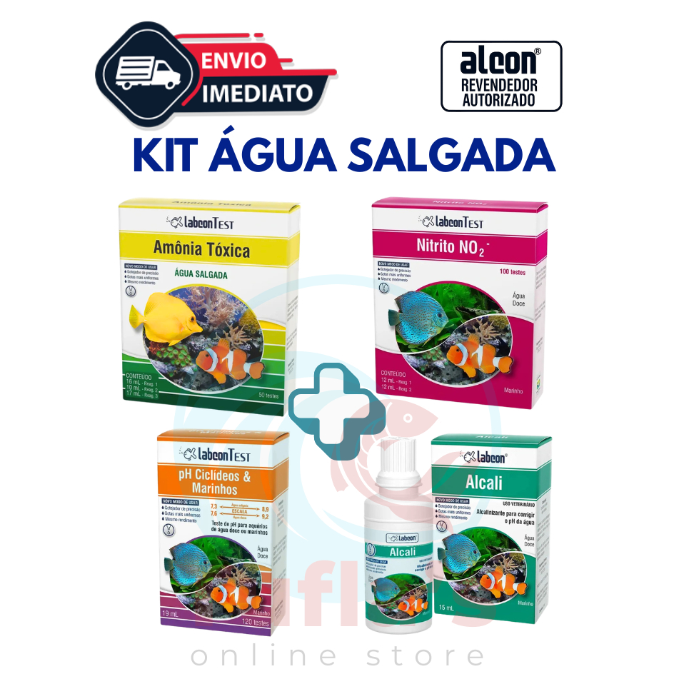 Kit 4 Testes Aquário Marinho de Peixes - Amônia + Teste PH + Nitrito + Alcali Labcon
