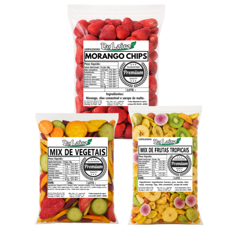 Mix de Frutas Tropicais + Morango Liofilizado + Mix de Vegetais Crocantes – 50g CADA