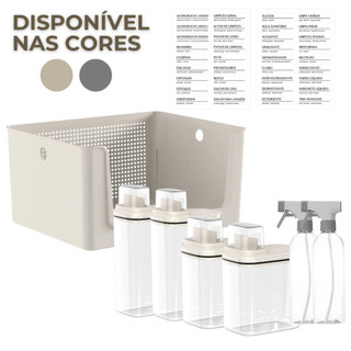 Kit Para Lavanderia 7 Peças Cesto Organizador Dispenser Sabão Borrifador e Etiquetas