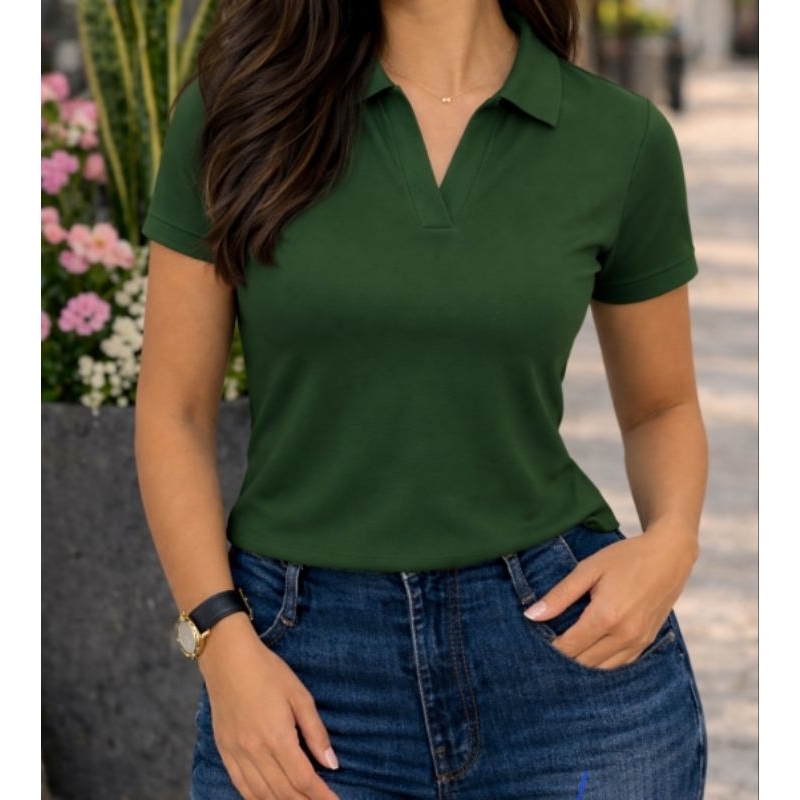 Blusa Polo Feminina Verde Manga Curta Gola V Sem Botão Casual Elegante Confortável