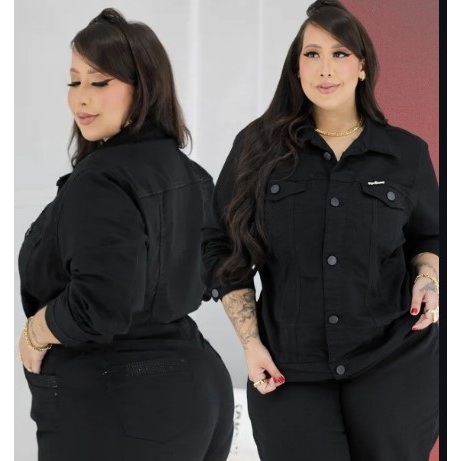 Jaqueta Plus Size Feminina Preta Jeans Lycra Grande Premium Casaco Inverno 44 ao 54