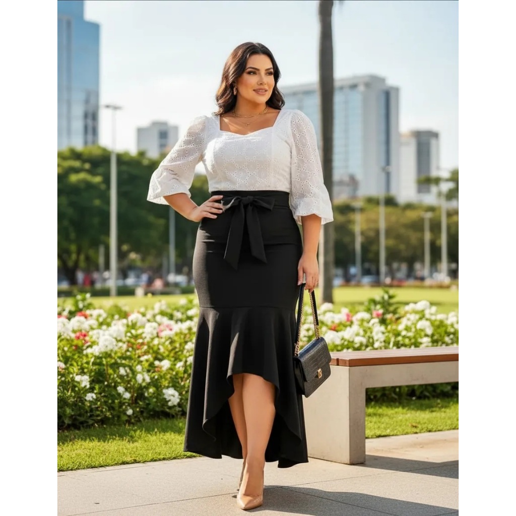 Saia Feminina Sereia Babado Mullet Longa Com Cinto Laço Plus Size