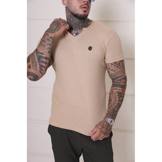 Camiseta gola V tricô masculina com elastano moda dia a dia casual texturizado tecido diferenciado slim fit
