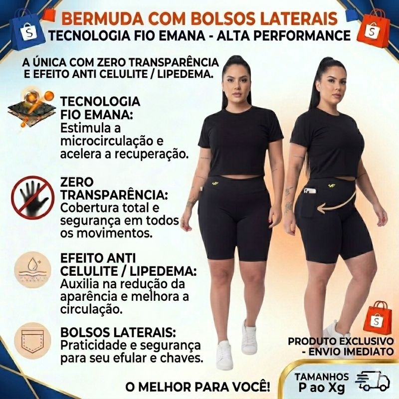 BERMUDA COMPRESSÃO TECIDO EMANA ANTI CELULITE LIPEDEMA COM DOIS BOLSOS LATERAIS ZERO TRANSPARÊNCIA