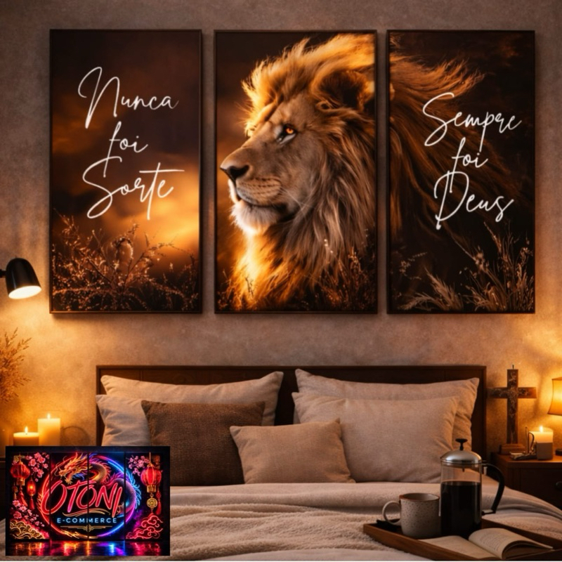 Quadro Decorativo Grande Leão De Judá Religioso Nunca Foi Sorte Sempre Foi Deus 3 Peças 122x60