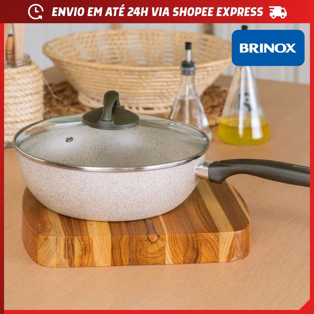 Panela Wok 28cm Brinox Ceramic Life Suprema Antiaderente 4,1 Litros com Tampa de Vidro em Oferta na Shopee