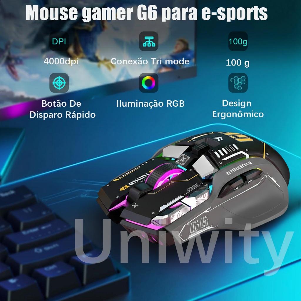 Mouse Gamer Uniwity Sem Fio 3 Modos BT/2.4G/USB, 4000 DPI, RGB, 10 Botões, Silencioso, Recarregável para PC e Notebook