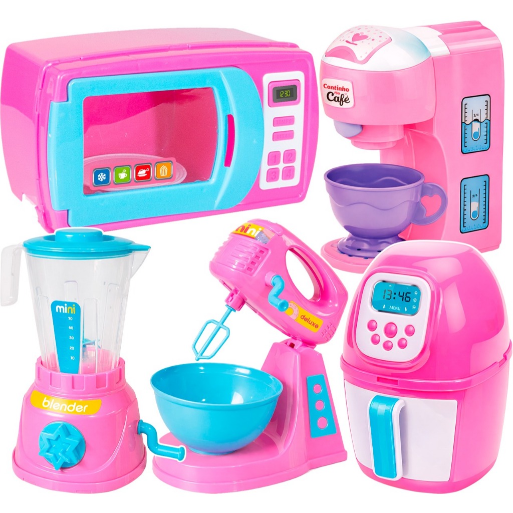 Kit Com 5 Brinquedo Faz De Conta Micro ondas Batedeira Cafeteira Liquidificador Air Fryer Menina