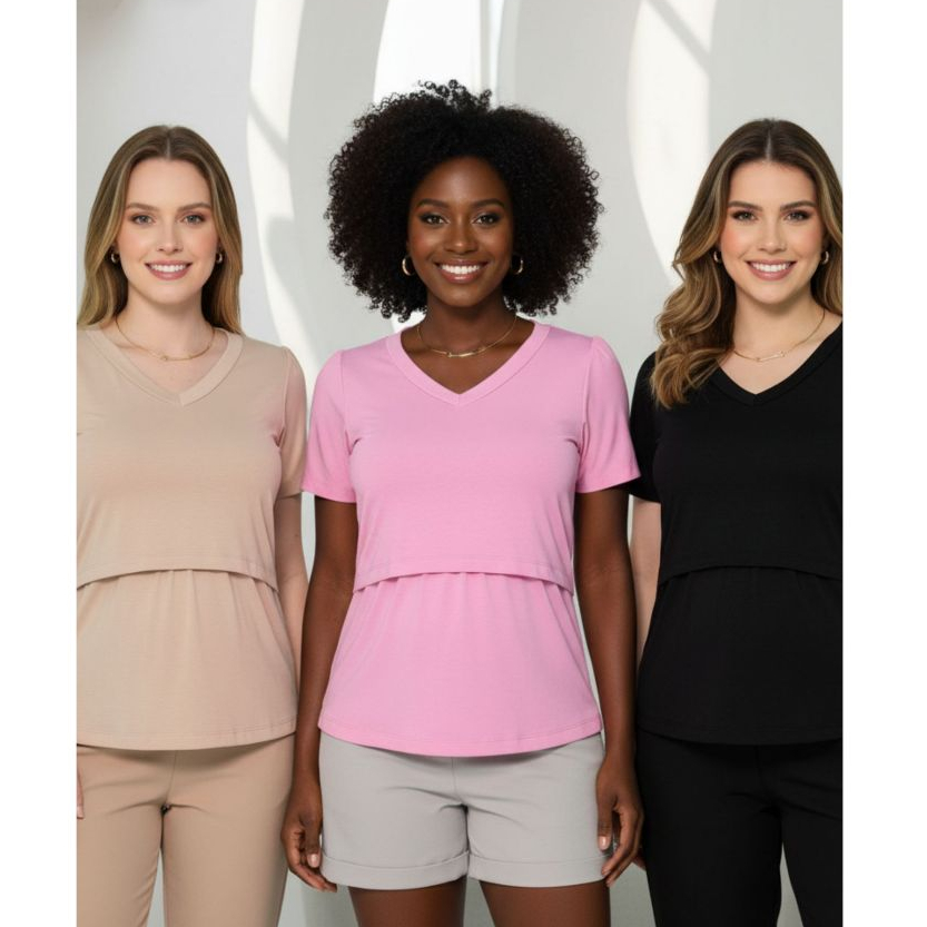 Kit 3 Blusa Camiseta Gola V Amamentação blusinha Gestante Com Abertura amamentar bata grávida maternidade mãe lactante