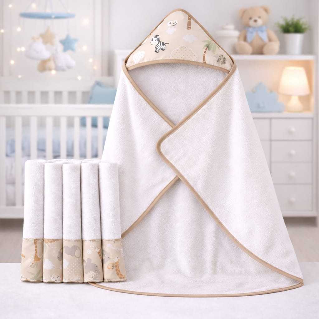 Kit Toalha de Banho para Bebê Forrada + 5 Toalhinhas de Boca Higiênicas