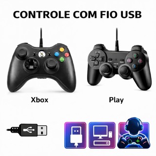 Controle Xbox 360 Ou Play e PC Com Fio USB – Joystick Gamer Compatível Windows / Plug & P…