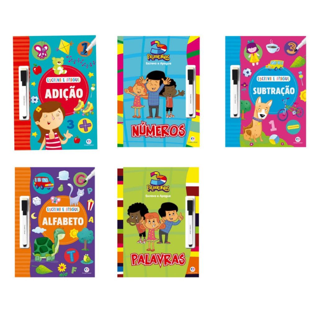 Kit 5 Livros | Escreva e Apague Infantil | Palavras + Números + Adição + Alfabeto + Subtração