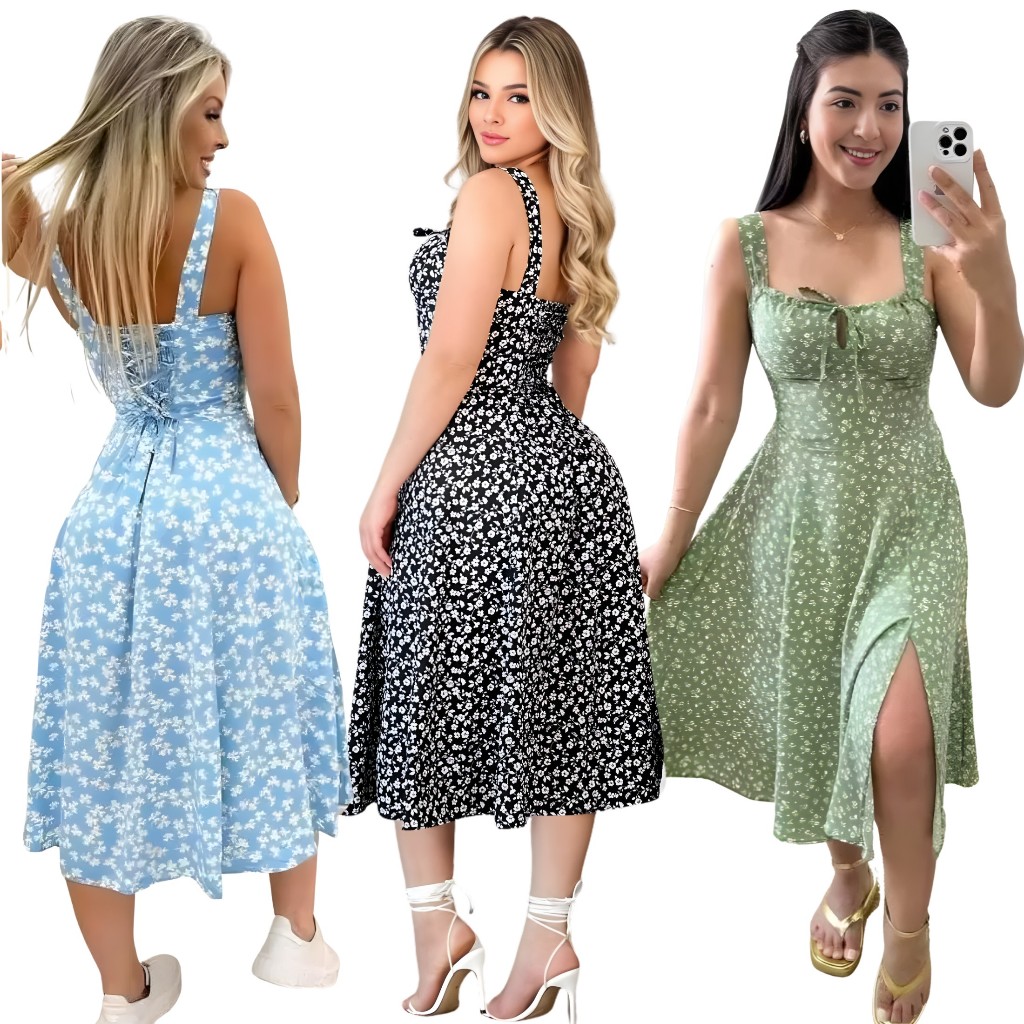 Vestido Mídi Floral Romântico Elegante Moda Verão Confortável Tendência 2026