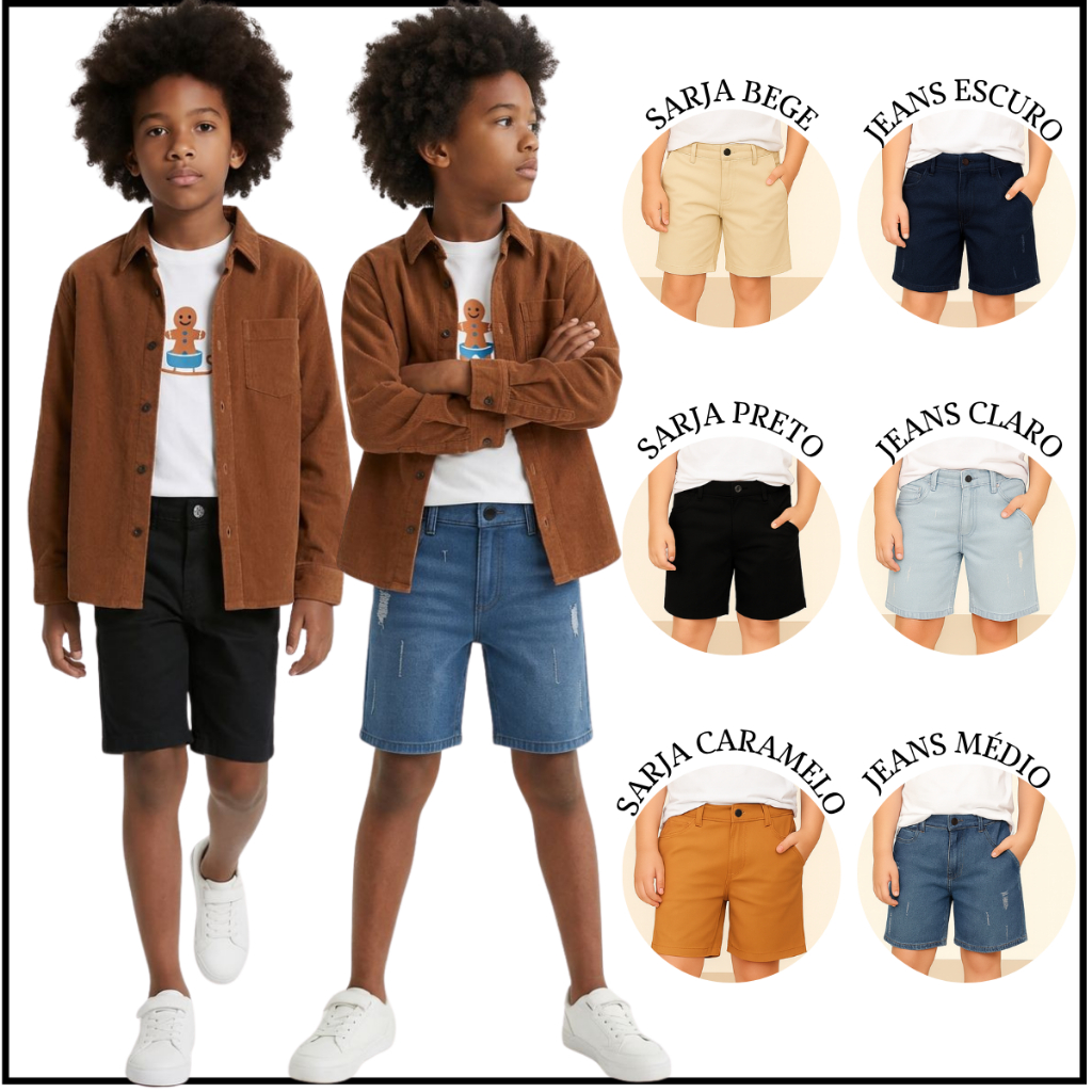 Kit 2 Bermudas Moda Verão Para Meninos Sarja e Jeans