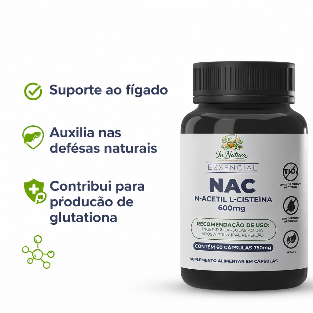 NAC 600mg 60 Cápsulas por Pote - Acetil Cisteína Saúde Celular e Hepática