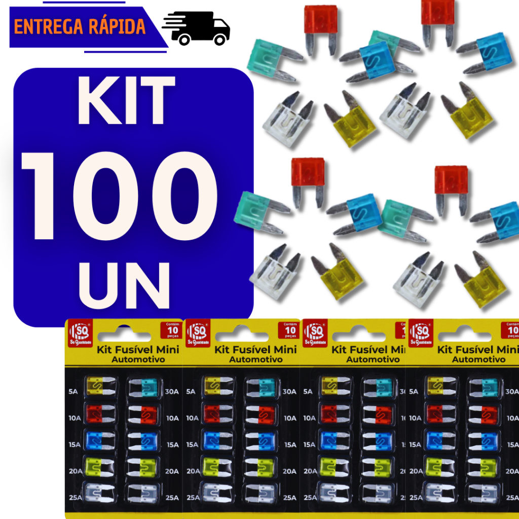 Kit Cartela 100 Fusíveis Lâmina Carro Mini Proteção Elétrica Automotiva Para Moto Carro Veículos